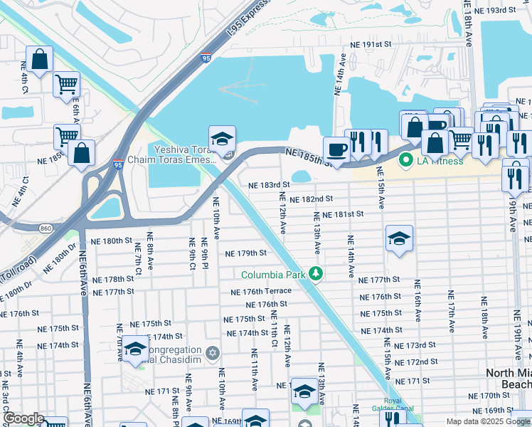 map of restaurants, bars, coffee shops, grocery stores, and more near 1132 Northeast 182nd Street in North Miami Beach