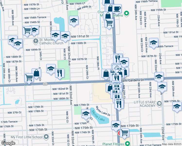 map of restaurants, bars, coffee shops, grocery stores, and more near 2921 Northwest 185th Street in Miami Gardens
