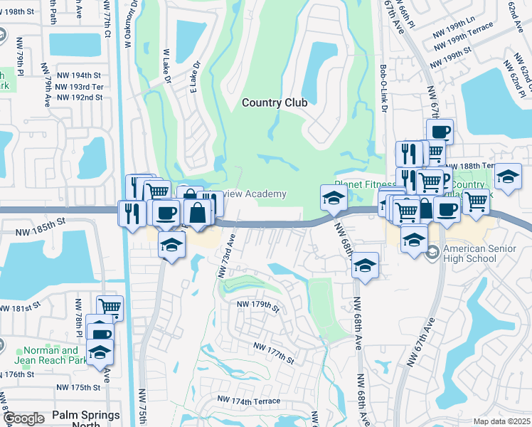 map of restaurants, bars, coffee shops, grocery stores, and more near 7035 Northwest 186th Street in Hialeah
