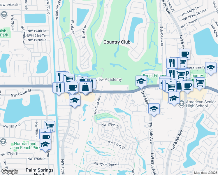 map of restaurants, bars, coffee shops, grocery stores, and more near 7035 Northwest 186th Street in Hialeah