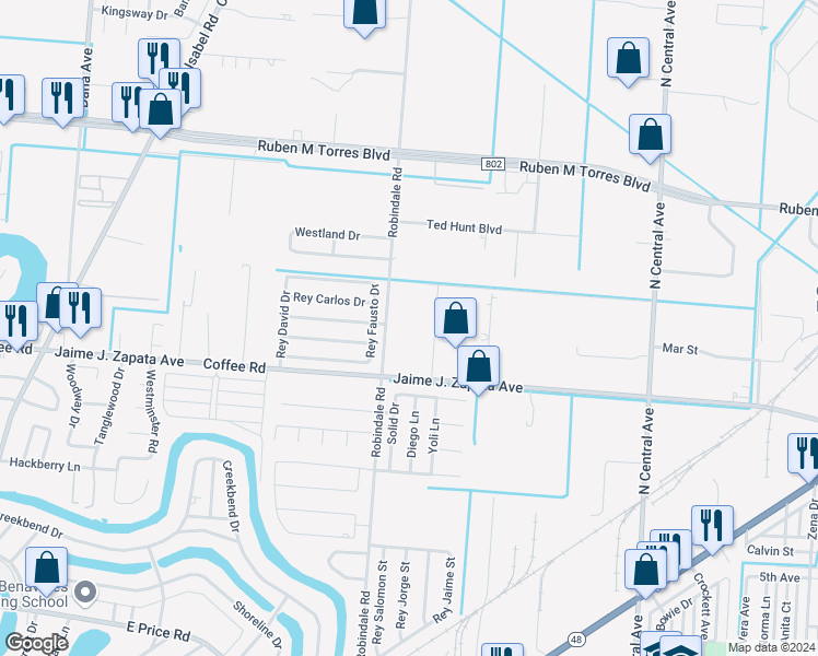 map of restaurants, bars, coffee shops, grocery stores, and more near 1921 Anei Circle in Brownsville