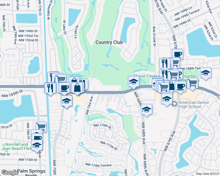 map of restaurants, bars, coffee shops, grocery stores, and more near 7035 Northwest 186th Street in Hialeah