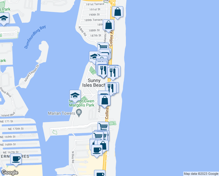 map of restaurants, bars, coffee shops, grocery stores, and more near 18001 Collins Avenue in Sunny Isles Beach