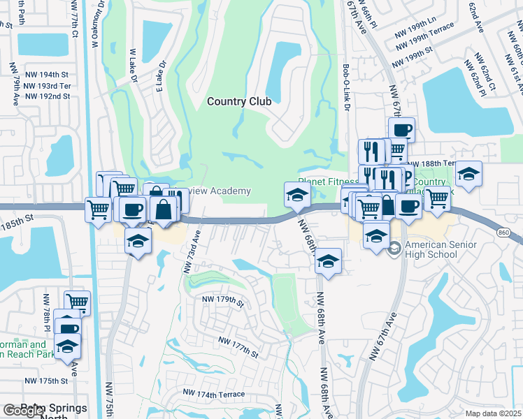 map of restaurants, bars, coffee shops, grocery stores, and more near 6955 Northwest 186th Street in Hialeah
