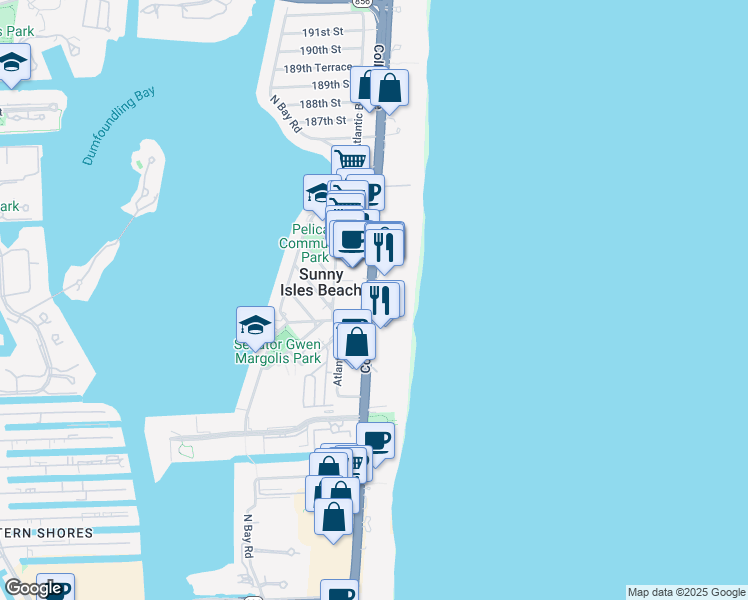 map of restaurants, bars, coffee shops, grocery stores, and more near 18001 Collins Avenue in Sunny Isles Beach