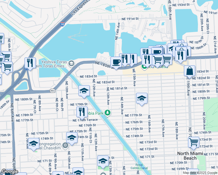 map of restaurants, bars, coffee shops, grocery stores, and more near 1282 Northeast 182nd Street in North Miami Beach