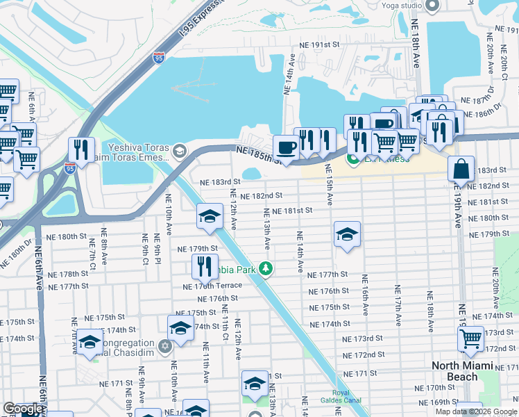 map of restaurants, bars, coffee shops, grocery stores, and more near 1282 Northeast 182nd Street in North Miami Beach