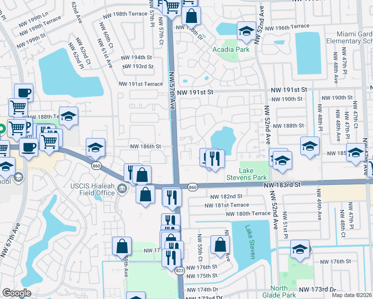 map of restaurants, bars, coffee shops, grocery stores, and more near 5659 Northwest 185th Street in Miami Gardens