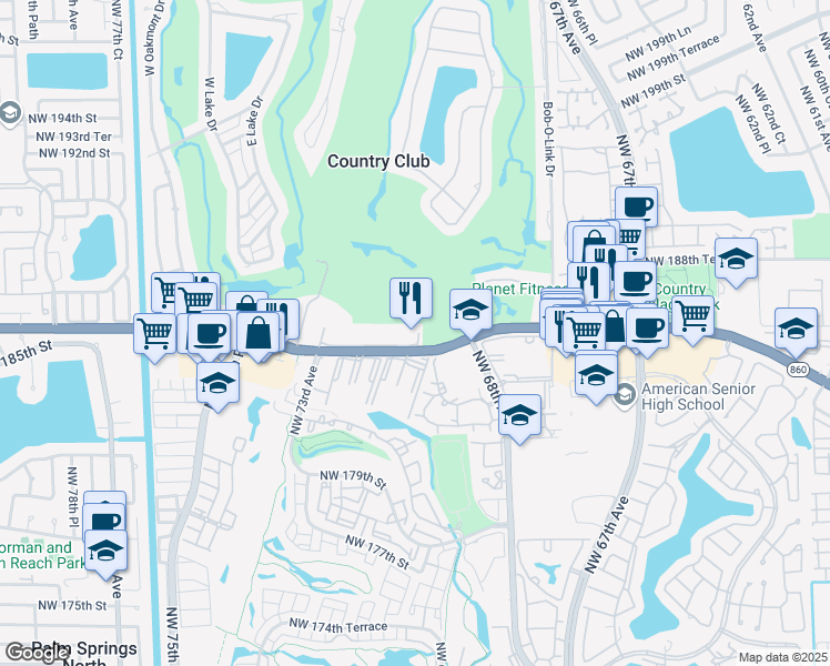 map of restaurants, bars, coffee shops, grocery stores, and more near 6955 Northwest 186th Street in Hialeah