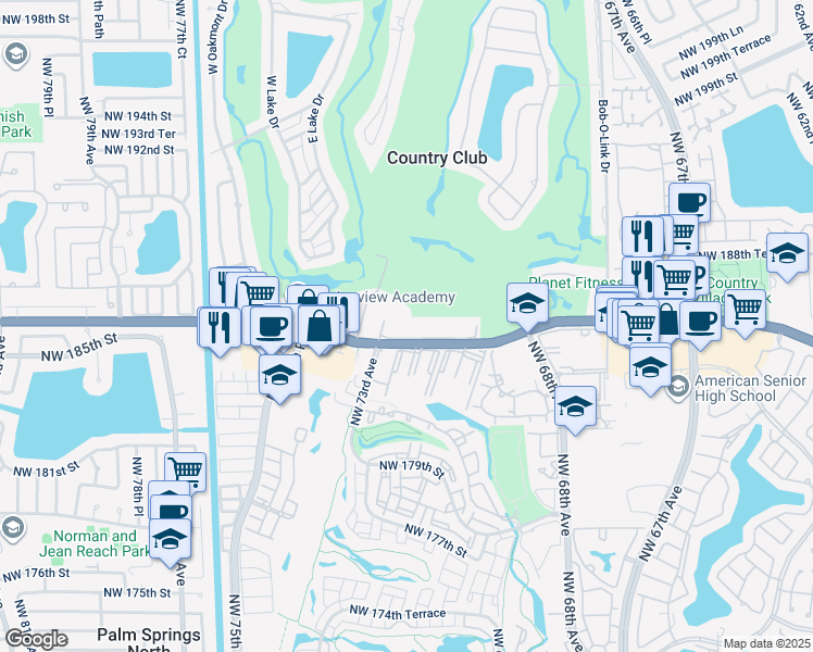 map of restaurants, bars, coffee shops, grocery stores, and more near 7035 Northwest 186th Street in Hialeah