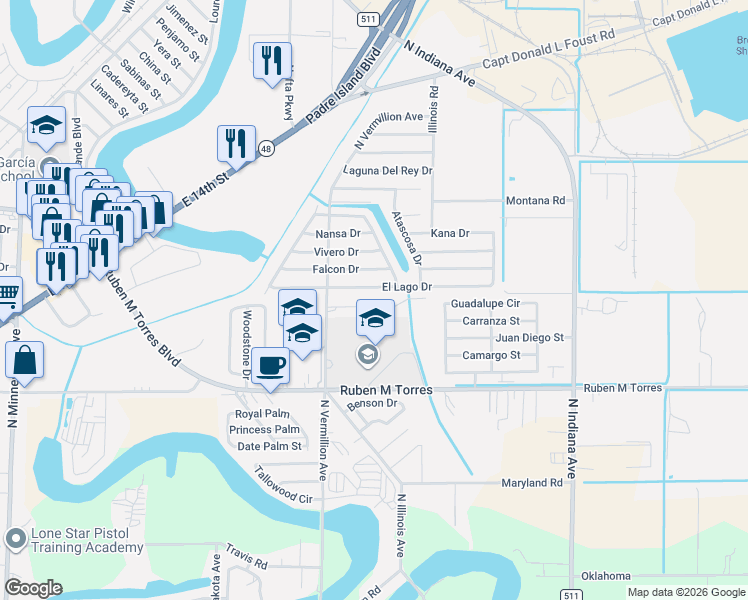 map of restaurants, bars, coffee shops, grocery stores, and more near 6956 El Lago Drive in Brownsville
