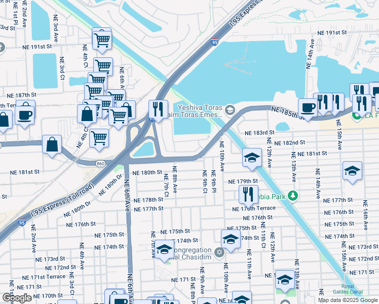 map of restaurants, bars, coffee shops, grocery stores, and more near 821 Northeast 182nd Street in North Miami Beach