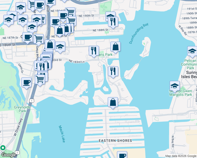 map of restaurants, bars, coffee shops, grocery stores, and more near 17970 Northeast 31st Court in Aventura
