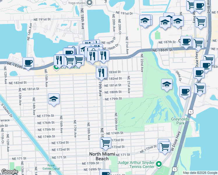 map of restaurants, bars, coffee shops, grocery stores, and more near 1960 Northeast 181st Street in North Miami Beach