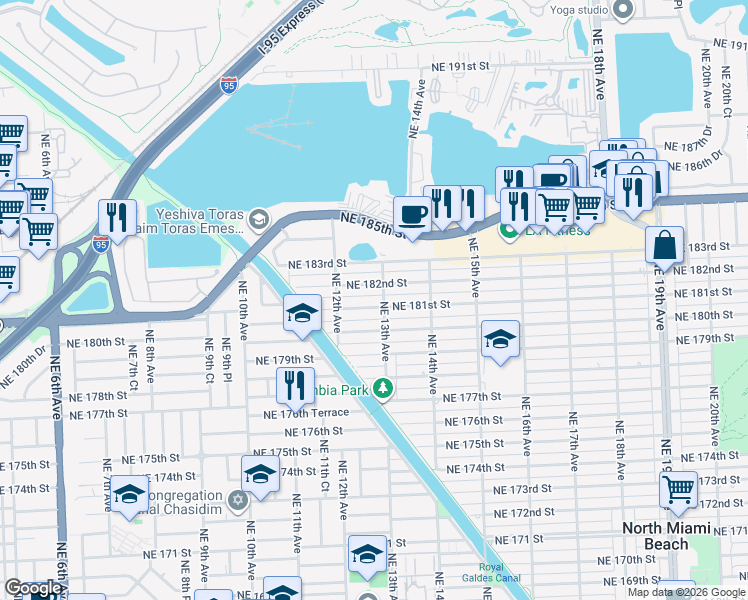 map of restaurants, bars, coffee shops, grocery stores, and more near 1282 Northeast 182nd Street in North Miami Beach