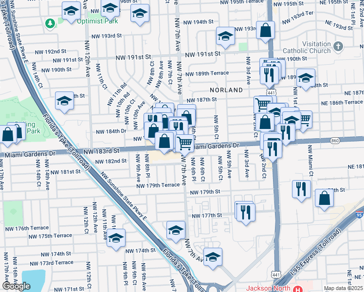 map of restaurants, bars, coffee shops, grocery stores, and more near 701 Northwest 183rd Street in Miami Gardens