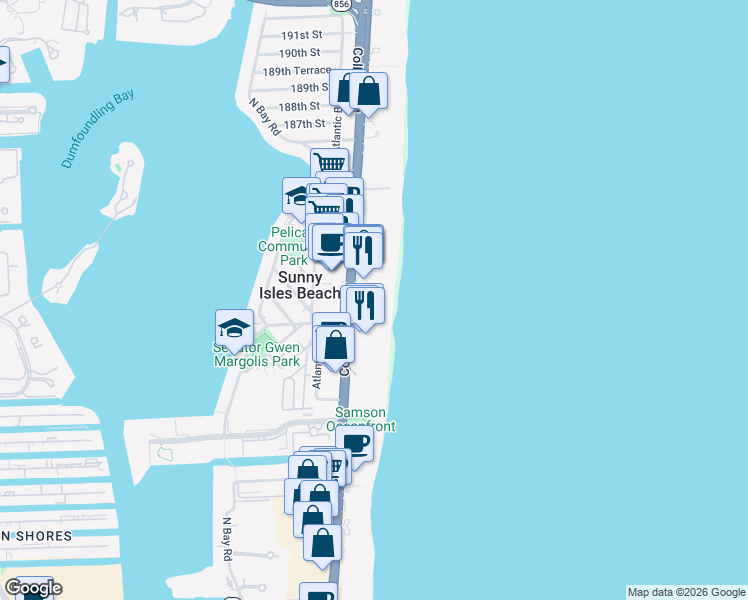 map of restaurants, bars, coffee shops, grocery stores, and more near 18001 Florida A1A in Sunny Isles Beach