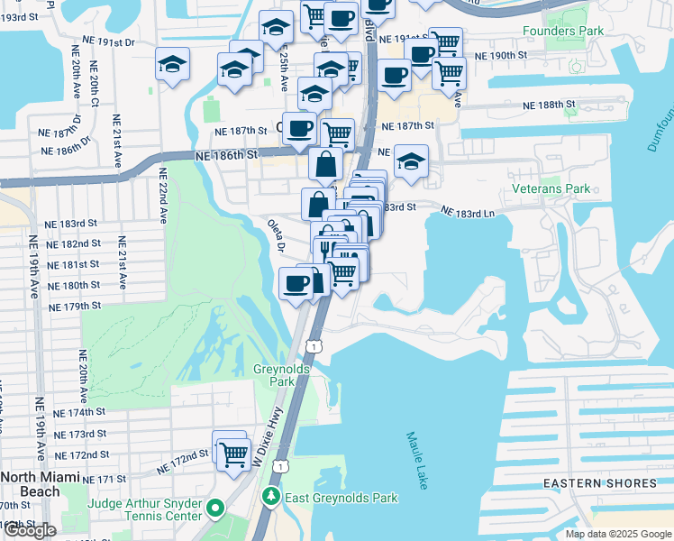 map of restaurants, bars, coffee shops, grocery stores, and more near 18101 Biscayne Boulevard in Aventura