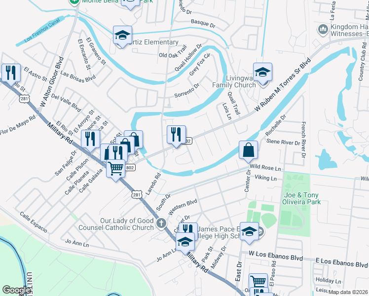 map of restaurants, bars, coffee shops, grocery stores, and more near 1000 Silver Oak Road in Brownsville