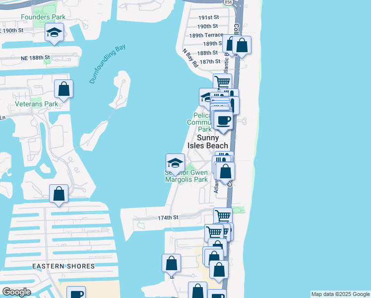 map of restaurants, bars, coffee shops, grocery stores, and more near 17878 North Bay Road in Sunny Isles Beach