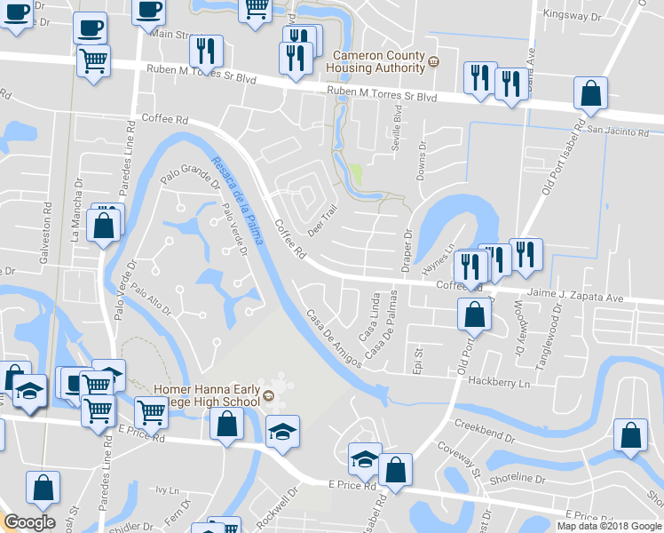 map of restaurants, bars, coffee shops, grocery stores, and more near 2672 Greenhaven Drive in Brownsville
