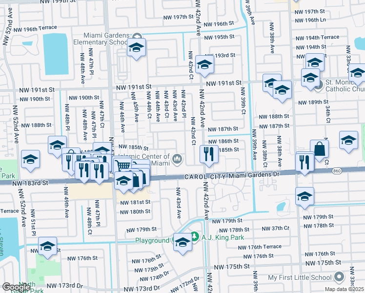 map of restaurants, bars, coffee shops, grocery stores, and more near 18555 Northwest 42nd Place in Miami Gardens