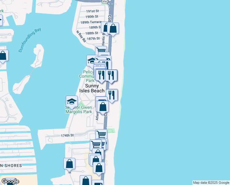 map of restaurants, bars, coffee shops, grocery stores, and more near 18001 Florida A1A in Sunny Isles Beach