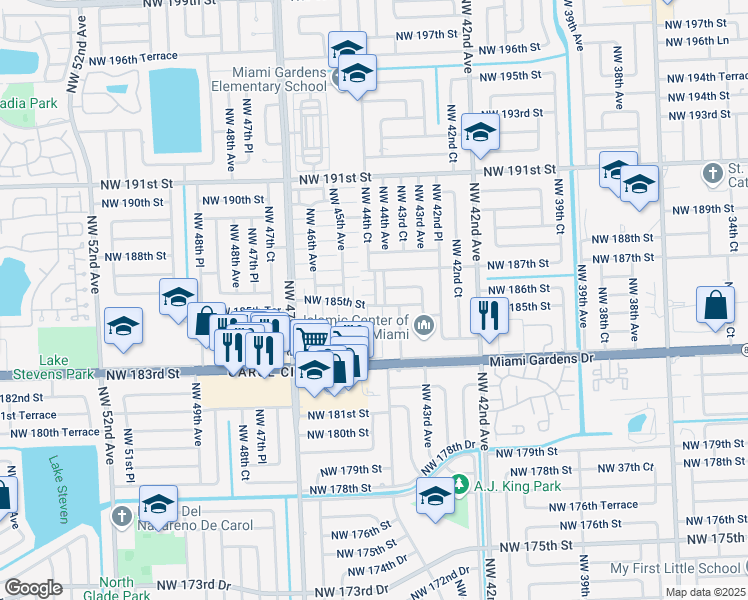 map of restaurants, bars, coffee shops, grocery stores, and more near 4475 Northwest 185th Street in Miami Gardens