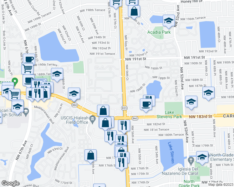 map of restaurants, bars, coffee shops, grocery stores, and more near 5750 Northwest 186th Street in Hialeah