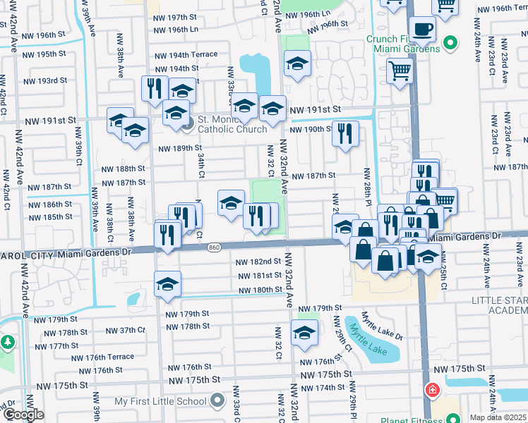 map of restaurants, bars, coffee shops, grocery stores, and more near 3201 Northwest 185th Street in Miami Gardens