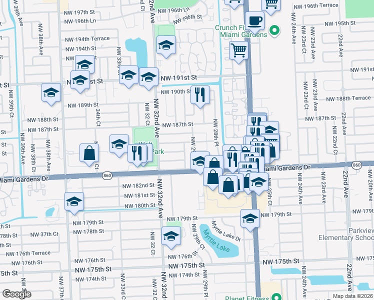 map of restaurants, bars, coffee shops, grocery stores, and more near 3015 Northwest 185th Street in Miami Gardens