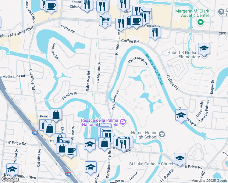 map of restaurants, bars, coffee shops, grocery stores, and more near 105 Palo Verde Dr in Brownsville