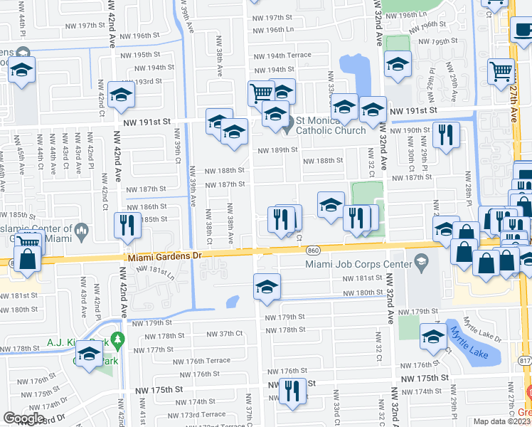 map of restaurants, bars, coffee shops, grocery stores, and more near 18451 Northwest 37th Avenue in Miami Gardens