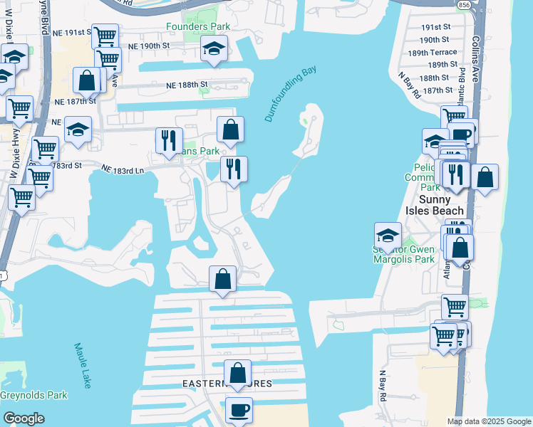 map of restaurants, bars, coffee shops, grocery stores, and more near 3920 Island Estates Drive in Miami