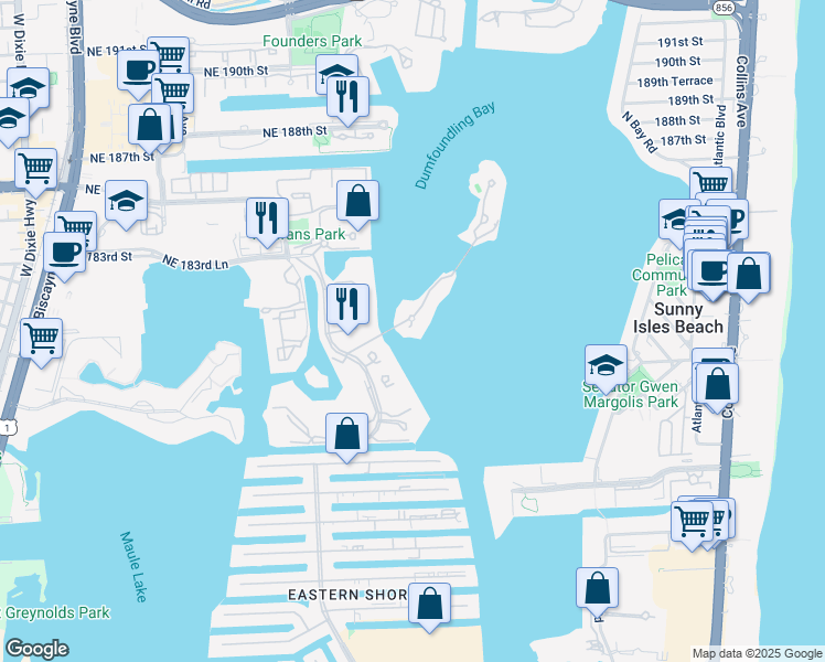 map of restaurants, bars, coffee shops, grocery stores, and more near 3920 Island Estates Drive in Miami