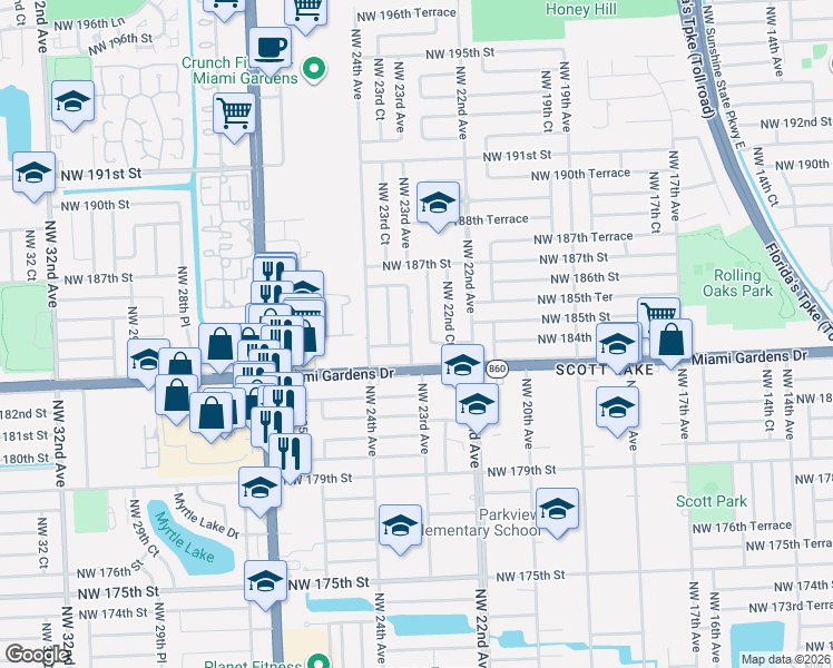 map of restaurants, bars, coffee shops, grocery stores, and more near 18425 Northwest 23rd Avenue in Miami Gardens