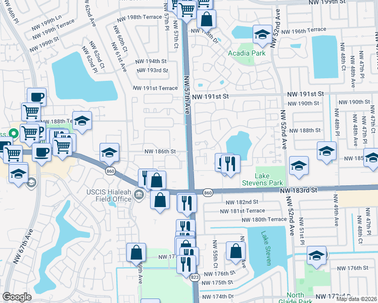 map of restaurants, bars, coffee shops, grocery stores, and more near 5659 Northwest 185th Street in Miami Gardens