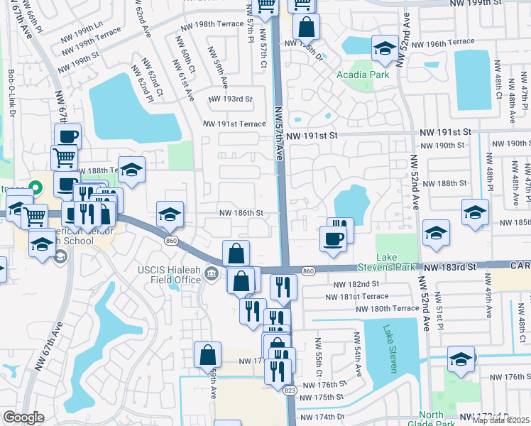 map of restaurants, bars, coffee shops, grocery stores, and more near 5750 Northwest 186th Street in Hialeah