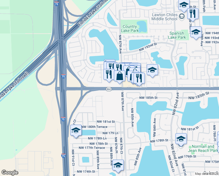 map of restaurants, bars, coffee shops, grocery stores, and more near 12325 Miami Gardens Drive in Hialeah