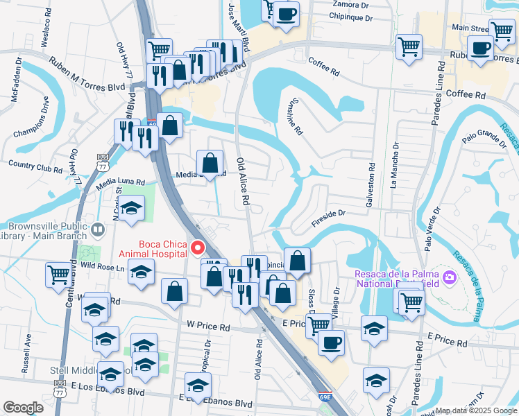 map of restaurants, bars, coffee shops, grocery stores, and more near 3005 San Miguel Circle in Brownsville