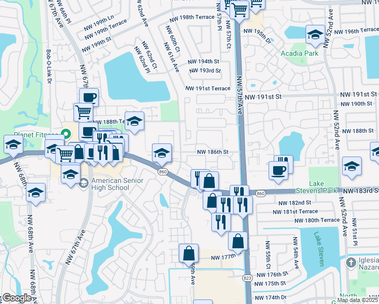 map of restaurants, bars, coffee shops, grocery stores, and more near 6135 NW 186th St in Country Club