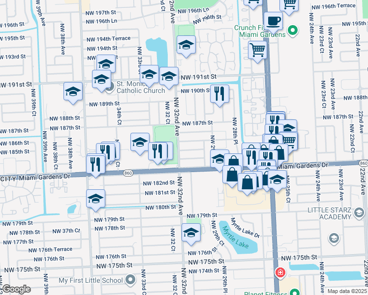 map of restaurants, bars, coffee shops, grocery stores, and more near 3075 Northwest 185th Street in Miami Gardens