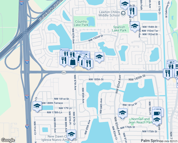 map of restaurants, bars, coffee shops, grocery stores, and more near 8505 NW 186 St in Hialeah
