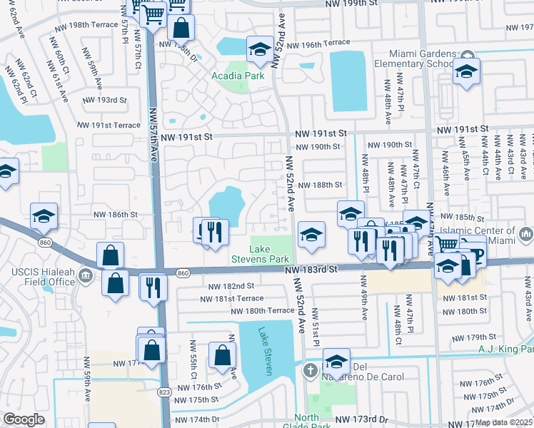 map of restaurants, bars, coffee shops, grocery stores, and more near 5279 Northwest 186th Street in Miami Gardens