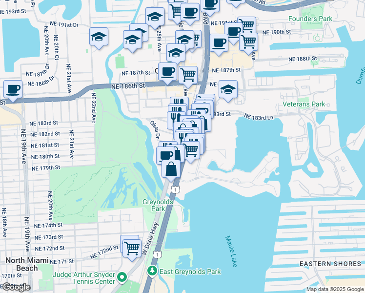 map of restaurants, bars, coffee shops, grocery stores, and more near 18060 West Dixie Highway in Aventura