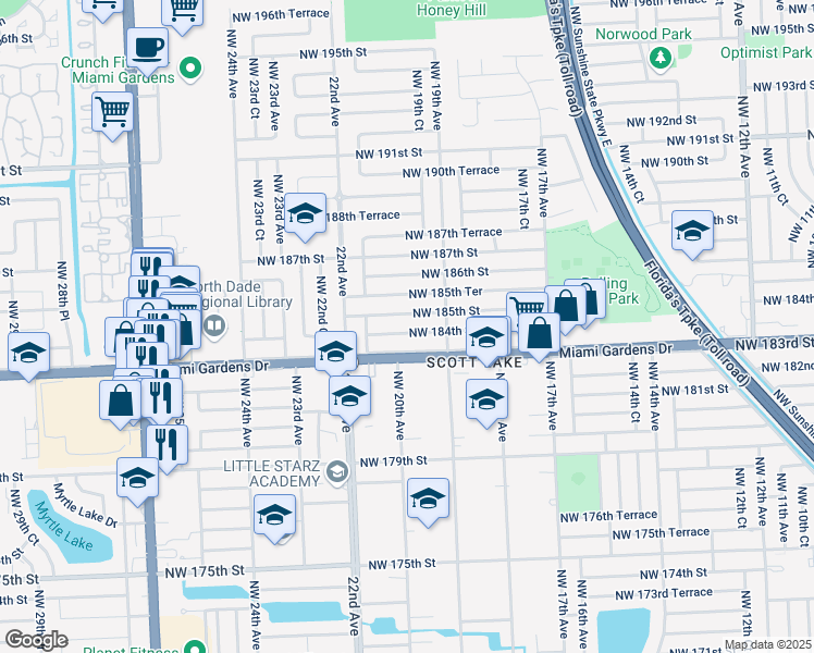 map of restaurants, bars, coffee shops, grocery stores, and more near 1961 Northwest 184th Street in Miami Gardens