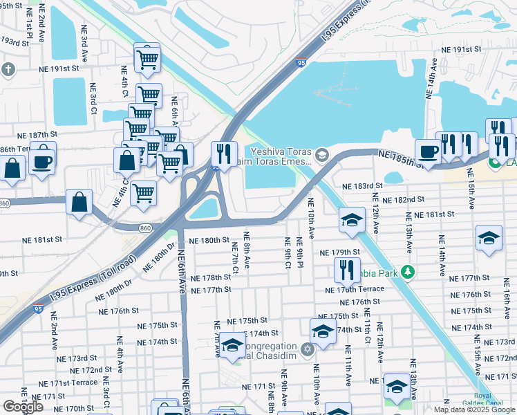 map of restaurants, bars, coffee shops, grocery stores, and more near 821 Northeast 182nd Street in North Miami Beach