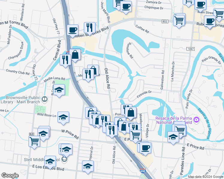 map of restaurants, bars, coffee shops, grocery stores, and more near 3005 San Miguel Circle in Brownsville