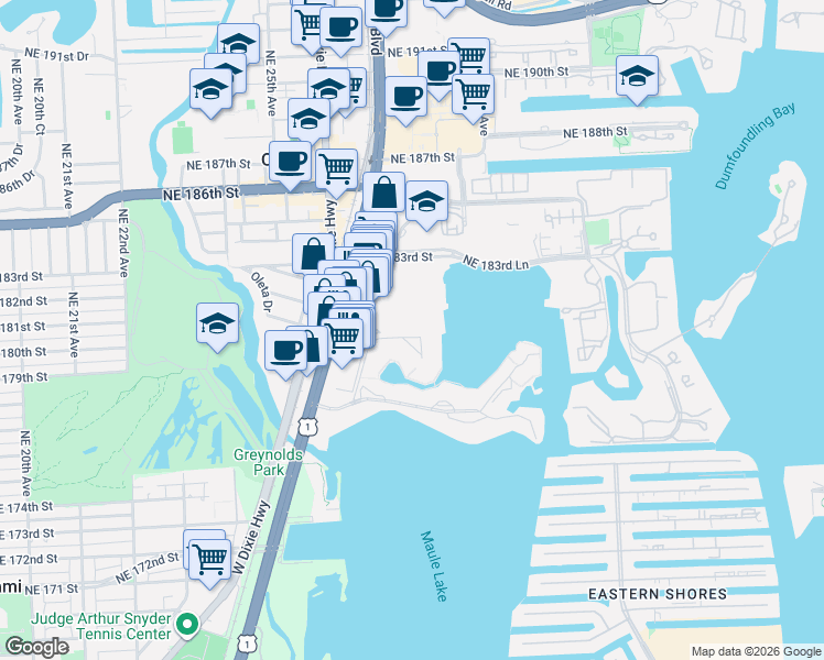 map of restaurants, bars, coffee shops, grocery stores, and more near 18061 Biscayne Boulevard in Aventura