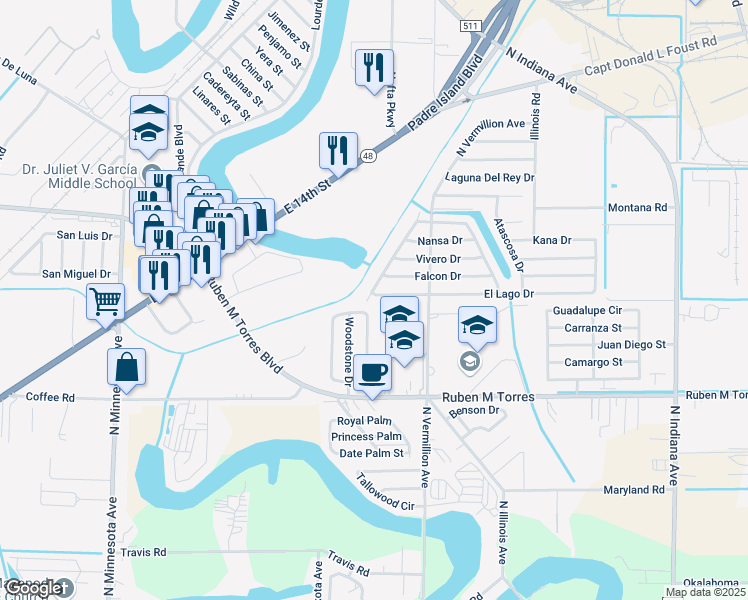 map of restaurants, bars, coffee shops, grocery stores, and more near 6701-6721 Laguna Madre Dr in Brownsville